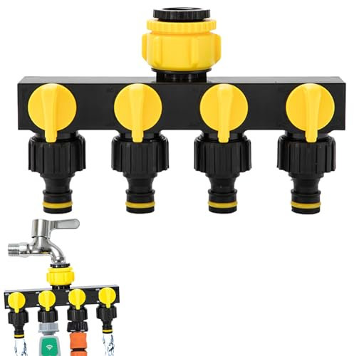 Dynaeuty Distributeur Arrosage 4 Voies, Diviseur de Tuyau, avec Interrupteur de Commande, Les Travaux D'écoulement d'eau à 4 ou 1 Voies Peuvent être Effectués en Même Temp (Jaune)