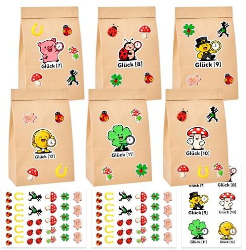 6pcs Silvester Countdown Tüten, DIY Silvester Tüten, Geschenktüten aus Kraftpapie, mit Countdown Aufkleber und Glücksbringer Aufkleber, für Silvesterparty Silvesterspiel Gadget Neujahrsgeschenke