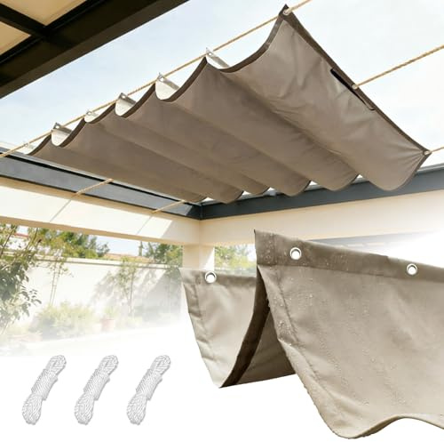 Infällbar Wave Solskyddssegel med öljetter och rep, vattentät rektangelträdgårdstak, Uv-block rivsäker uteplatsmarkis för utomhusbruk-Khaki||160x500cm(63x197in)