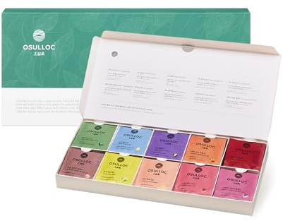 OSULLOC Premium Tea Collection (40 count, 10 flavors x 4 ea), Self Care Sampler Gift Box Variety Pack, Premium Organic Pure & Blended Tea from Jeju