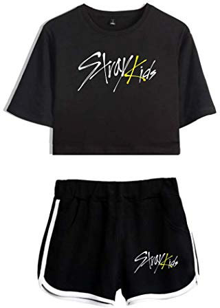 Flyself Donne KPOP T-Shirt Crop Top & Pantaloncini Set Manica Corte Maglietta Shorts 2 Pezzi Sportivo Bang Chan Changbin Hyunjin Han Felix Seungmin