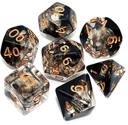 Creebuy DND-Spielwürfel-Set für Dungeon und Dragons, D&D, Rollenspiele, Pathfinder, Brettspiele, polyedrische Würfel in transparenten Schwarztönen mit Wolkendesign, 7-teilig