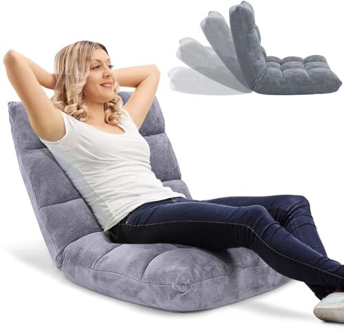 RELAX4LIFE Fauteuil Bas Multiposition Réglable en 14 Angles, Chauffeuse Convertible Fauteuil Paresseux 1 Place Adulte Rembourré Charge 120kg, 105x57x15CM(Molleton de Corail, Gris)