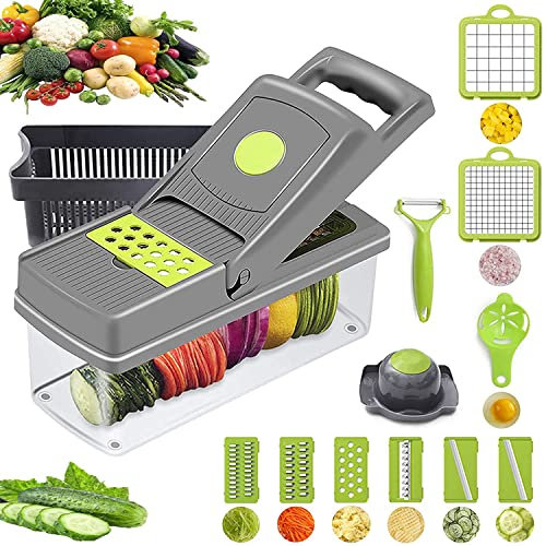 Faizee Möbel | 13-in-1 Verstellbarer Mandoline Gemüsehobel – Multifunktionaler Edelstahl-Gemüseschneider mit Abflusskorb und Zwiebelschneider