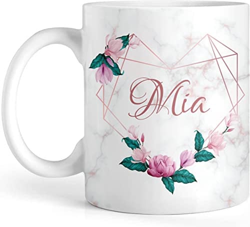 EKAM Personalised Tea Mug Any Name - Best Floral Marble Mug - Customised Gift for Valentine’s Day, Birthday, Christmas Day for Mom, Dad, Kids, Friends or Girls, 11oz Ceramic Cup (Design 2)