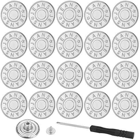 ZENGLU 20 Sets of 20mm Button for Sewing Metal Jeans, No-Sew Nailess Removable Metal Jeans Buttons Replacement Repair Combo Thread Rivets and Screwdrivers(Silver Colours)