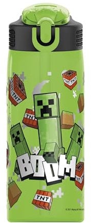 Zak Designs Minecraft Water Bottle For School or Travel, 25 oz Durable Plastic Water Bottle With Straw, Handle, and Leak-Proof, Pop-Up Spout Cover (Creeper)
