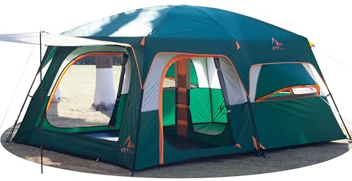 KTT Großes Familienzelt, 10 Personen, 3 Zimmer, 3 Aufbewahrungstaschen, 2 Erkerfenster, 3 Türen und 3 Fenster mit Netz, gerade Wand, wasserdicht, großes Zelt für Outdoor, Camping ing (Grün)