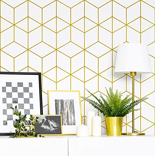 Peel and Stick Wallpaper Gold and White Contact Paper Geometric Wallpaper Self Adhesive Removable Wallpaper for Walls Covering Vinyl Rolls 118x17.3
