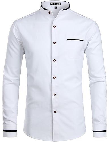 PARKLEES Mens Hipster Design Grandad Collar Oxford Shirt Slim Fit Long Sleeve Casual Button Down Dress Shirts with Pocket EU-PZ113 White XXX-Large