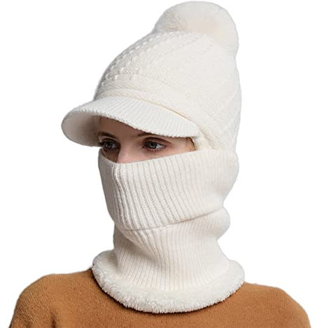 liaddkv Damen Winter Slouchy Strick Warme Mützen Wollmütze Schal Integrierte Pullover Mütze Niedliche Outdoor Gehörschutzmütze Strickmütze Fellmütze (White, One Size)