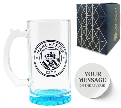 Personalised Engraved Manchester City Beer Mug, Made with Official Manchester City F.C. Stein Glass, Gift Boxed, 425ml or 15oz Capacity, Football Beer Glass, Customise with Any Message