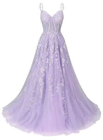 Vtorliya Tulle Lace Applique Prom Dresses for Women Spaghetti Straps V Neck Wedding Dress Long Ball Gown with Split Lilac