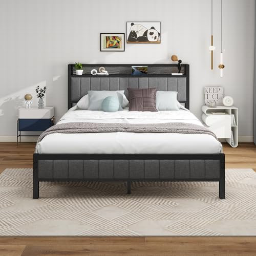 Diahomy King Size Bed Frame With Storage Headboard, Upholstered Platform Bed Frame/Mattress Foundation/Metal Slat Support/No Box Spring Needed/Dark Grey