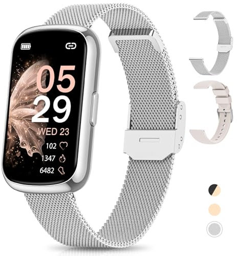 RUXINGX Montre Connectée Femme, 1.47 Bracelet Connectée, 24 Sports 24H Fréquence Cardiaque SpO2 Sommeil Fonction Féminine IP68 Étanche Smartwatch Podometre Trackers d'Activité pour Android iOS Argent