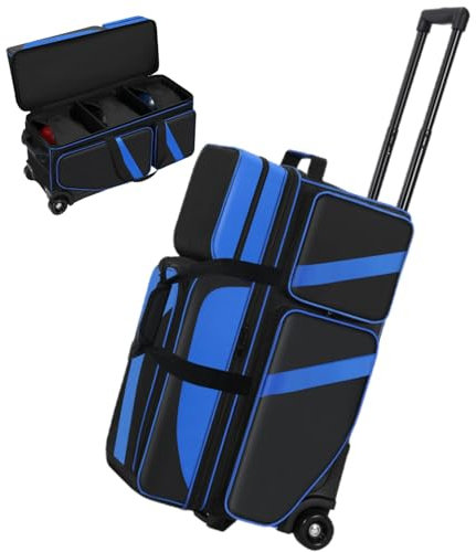 Cxinesbag 3 Ball-Bowlingtaschen mit Rollen, Bowlingtaschen, 3 Ballrollen mit Schuhfach und mehreren Taschen, 3 Ball-Bowlingtaschen mit einziehbarem Griff, ausziehbar auf 105,4 cm (blau)