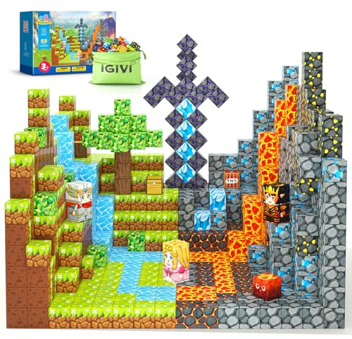 IGIVI Magnetische Blöcke – Build Mine Magnet World Lava Valley Set, 2,5 cm magnetischer Würfel, Bauspielzeug für Kinder ab 3 Jahren, Montessori sensorisches Spielzeug für Kleinkinder, kreatives