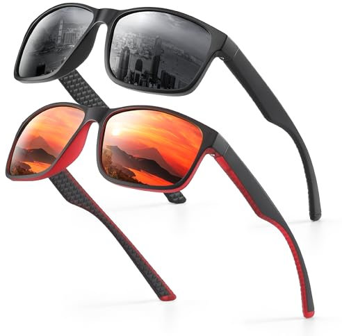 2er-Pack Sonnenbrille Herren Polarisiert Damen UV400 Schutz Sport Sunglasses Men Women Unisex Ultraleichte Rechteckig Rahmen Schwarz Polarisierte Sonnenbrillen für Angeln, Fishing, Fahren, Ski 2