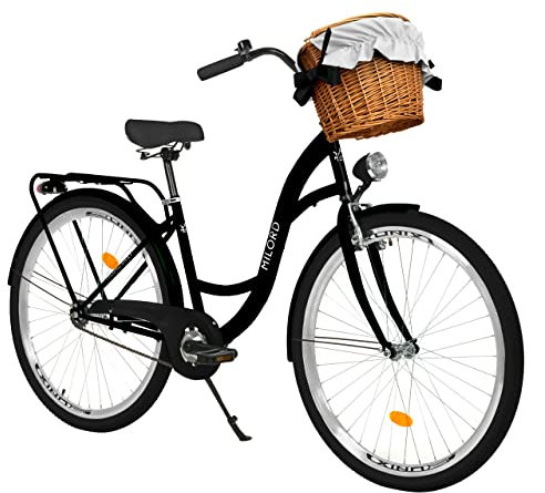 MILORD Damenfahrrad Citybike Komfort Mit Weidenkorb Vintage Fahrrad, 26, 28 Zoll, 1-Gang (Schwarz, 26 Zoll)
