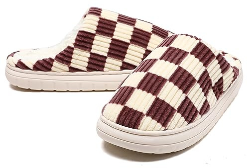 Waysoland House Slippers Women Men,Fuzzy Ladies Memory Foam Checkered Slip on Anti-Skid Sole Bedroom Cloud Slippers Indoor Outdoor(Brown,10.5/11 UK)