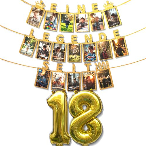 Deko Fotogirlande 18. Geburtstag Junge/Mädchen - EINE LEGENDE SEIT 2008 - 18 Glitzerkarten Kann 6-Zoll-Fotos von 1 bis 18 Jahren einfügen, Luftballons mit 18 Jahre alten Zahlen Party Deko (Gold)