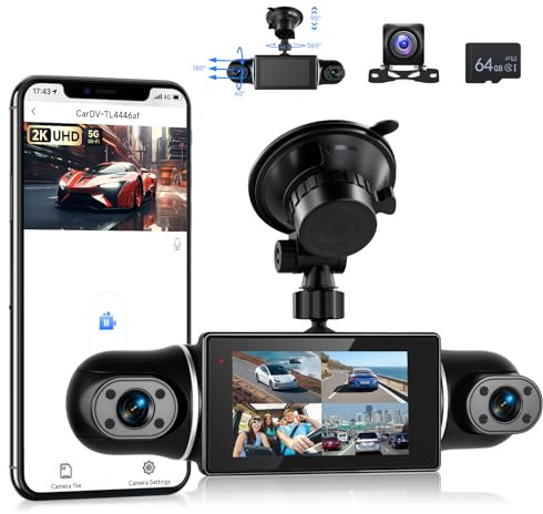 VECHTEL 2K Wi-Fi Dashcam Auto, Schermo IPS da 3 Pollici Dash Cam Auto con Visione Notturna, Scheda da 64 GB, G-Sensor, 24H Monitor di Parcheggio, Registrazione in Loop, Assistente di Retromarcia