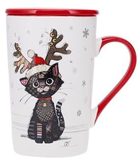 KIUB Grand mug NOEL avec couvercle - motif chat noir etant Noel - matière porcelaine fine - contenance 400ML