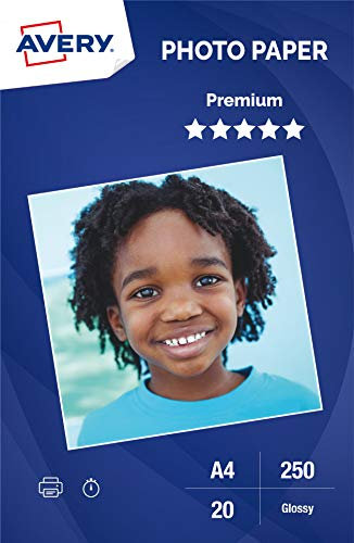 Avery 2555-C.UK Premium-Fotopapier, glänzend, 250 g/m, Tintenstrahldrucker, A4, 20 Blatt, Weiß