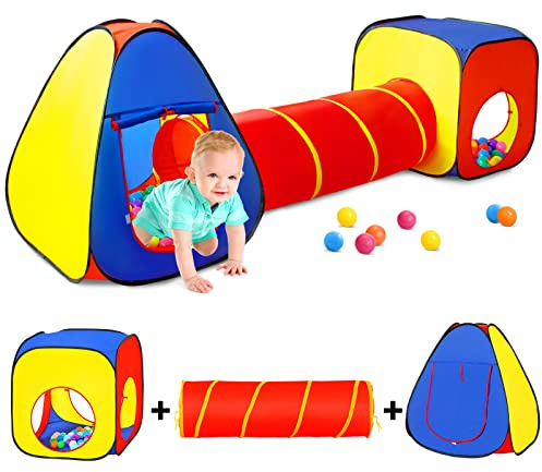 MegiaExist Play Tent with Ball Pit+Crawl Tunnel+Castle Tent, Pop Up Toddlers Playhouse for Boys and Girls Gift, Collapsible Children Play Tent Toy Indoor and Outdoor Games (Colorful Fort)