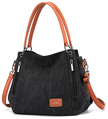 NICOLE & DORIS Damen Handtaschen Groß Canvas Schultertasche Frauen Umhängentasche mit Abnehmbarem Schultergurt Tote Bag für Büro Schule Einkauf Ausflug Schwarz