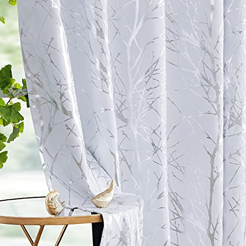 FMFUNCTEX Weiß Silber Blickdichte Vorhänge Metallic Zweig Muster Verdunkelungsvorhänge mit Ösen Thermovorhang Hitzeschutz Gardinen für Wohnzimmer Schlafzimmer 2er Set, 175 x 132 cm (H x B)
