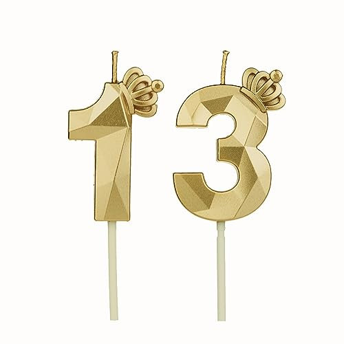 Geburtstagskerzen Zahlen 13 mit Krone,3D Kerzen Geburtstag für Kuchen geburtstagsdeko, Geburtstag Kerzen Zahlen, Geburtstagskerzen Kinder für Partys, Hochzeiten, Firmenfeiern, Jubiläen (Gold, #13)