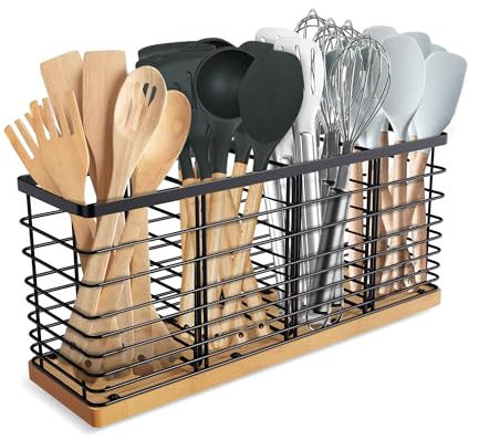 Suli Extra Large Kitchen Utensil Holder with 4 Compartments, Matte Black Metal holder with Wooden Base for Kitchen Countertop,Farmhouse Cooking Utensil Storage, Rustic Cooking Utensil