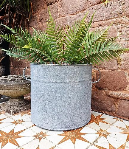 Large Round Zinc Barrel Planter 40 litre, Dolly Tub, Rustic Grey Metal Plant Pot w/Handles - Rust Proof - Waterproof Zinc Metal Tubs - Olive Tree Tub