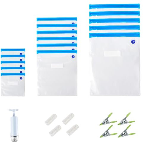 15 Stück Vakuumtüten für Lebensmittel: Vakuumbeutel-Set, Wiederverwendbare Vakuumbeutel mit 1 Handpumpe, BPA-frei Vakuumierbeutel, Vakuumierbeutel Sous Vide Set Taschen(22x21cm*5+26x28cm*5+30x34cm*5)