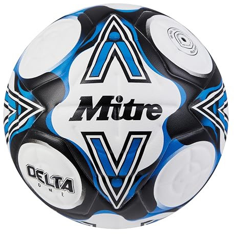 Mitre Delta Fußball | sehr langlebig | verbesserte Genauigkeit und Konsistenz, Weiß/Schwarz/Blau, 5