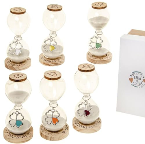 Nuovissima Clessidra TEMPS VARIE MISURE con bellissima SCATOLA REGALO base in legno e ciondolo quadrifoglio bomboniera bomboniere per cerimonia (6 pezzi 11cm)