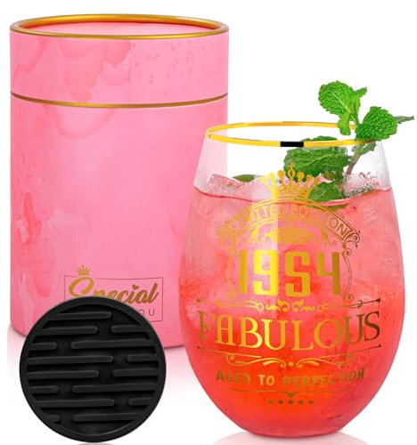 70th Birthday Gifts for Women 1954, Personalised Gin Glass Gift Set for Her, 18Oz Large Wine Glasses with Gold Print, Silicone Coaster, Nice Gift Box, Present for 70 Year Old Grandma Mum Auntie Friend