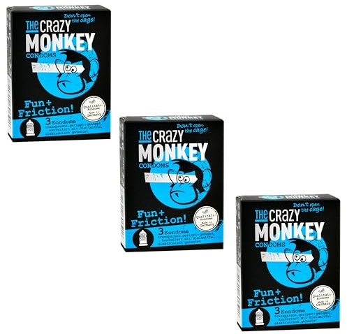 The Crazy Monkey Kondome - Fun+Fricition - perlgenoppt & gerippt für maximale Gefühlsintenstität - aus Naturkautschuklatex - 3x3er (9 Kondome) - Made in Germany