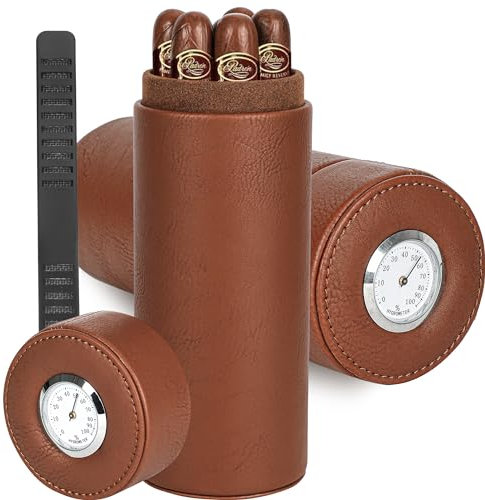Cave à cigares cylindrique marron de qualité supérieure avec hygromètre et doublure en bois de cèdre, humidificateur à cigares portable scellé en cuir pour voyage et usage domestique pour la fête des