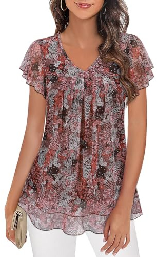 Syphiby Womens Tops V Neck Ladies Top Ruffle Short Sleeve Blouses Flowy Mesh Tunic Tops Casual T Shirt