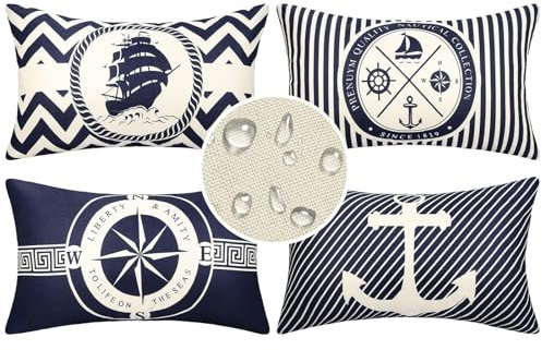 Kissenbezug 30x50 Wasserdichte Kissenbezüge Outdoor Balkon Maritime Kissen Wasserfest Kissenhülle Blau Streifen Kissenhüllen Outdoorkissen 4 Stück Leinen Dekokissen für Strand Balkon Sofa Kissen…