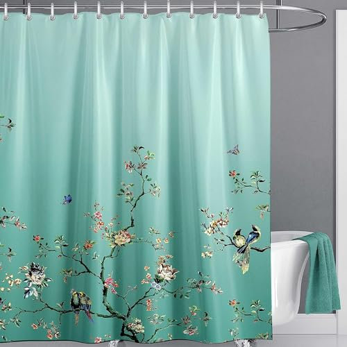 LIVETTY Rideau de douche extra long en tissu résistant à la moisissure avec 12 crochets Motif oiseau Vert ombré 180 x 210 cm
