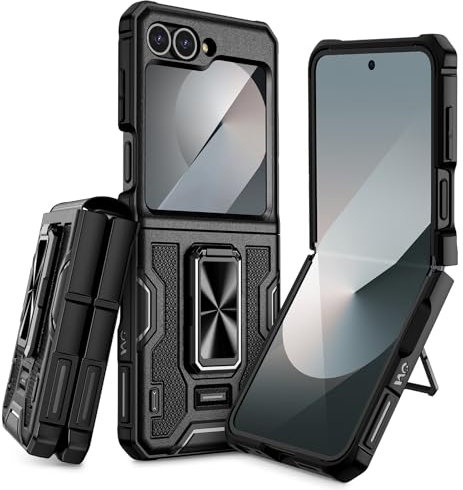 Doeshine for Samsung Galaxy Z Flip 7 FE 2025/ Flip 6 2024 Case with Ring Kickstand, Built in Back Screen Protector & Hinge Protection, Heavy Duty Shockproof Hard Cover for Z Flip 6/7 FE (Black)