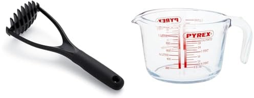 OXO Good Grips Nylon Potato Masher, Black & Pyrex Glass Measuring Jug, Transparent, 1 Litre