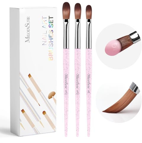 MelodySusie 3Stk Acrylnagelpinsel Set, Größe 8/10/14 Professionelle Nagelpinsel für Acryl Pulver Nagelkunst Verlängerung und 3D Nagelschnitzen für DIY Heim Salon Maniküre Werkzeug(Rosa)