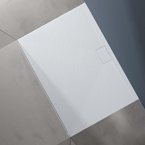 doporro Duschtasse Duschwanne 100x140x3 flach Mineralguss in Weiß inkl. Ablaufgarnitur AL06 DIN-Anschlüsse für bodengleiche Montage geeignet Geoma07