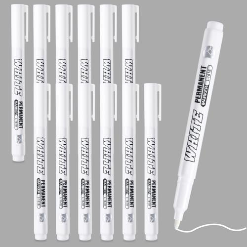 Halinuia 12 Piezas Rotulador Blanco Permanente Fieltro Blanco Marcador Permanente Fieltro Acrílico Indeleble Secado Rápido Punta de 1-2 mm para Madera, Vidrio, Piedra, Plástico, Cerámica, Textil