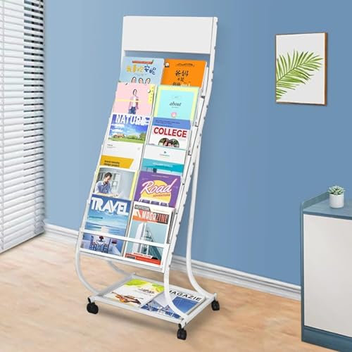 KHLMSRXJ Large Magazine Rack, Movable Brochure Display With Wheels, Waiting Room/Hotel Lobby/Exhibition Brochure Organiser (Colour: Black) (Color : White)