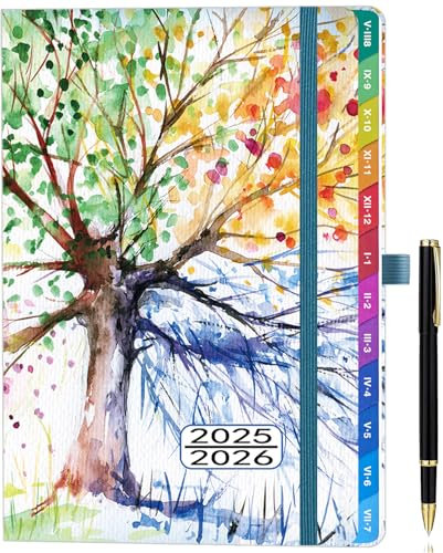Kalender 2025 2026 A5 – Wochenplaner mit Monatsübersicht, Schulplaner 25/26 (Aug 2025 - Jul 2026), Farbig Gedruckte Innenseiten, mit Innentasche & Stift, 15,5 x 21,5 cm - Baum des Lebens